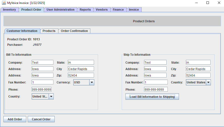 Product Order